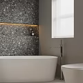 Modern Bathroom Interior With Bathtub Toilet Double Sinks And Marble Countertop