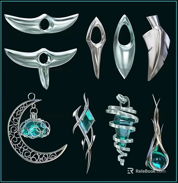 Silver Jewelry Pendants With Crescent Moon Spiral And Blue Gemstone Designs 3d model 