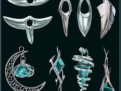 Silver Jewelry Pendants With Crescent Moon Spiral And Blue Gemstone Designs 3d model