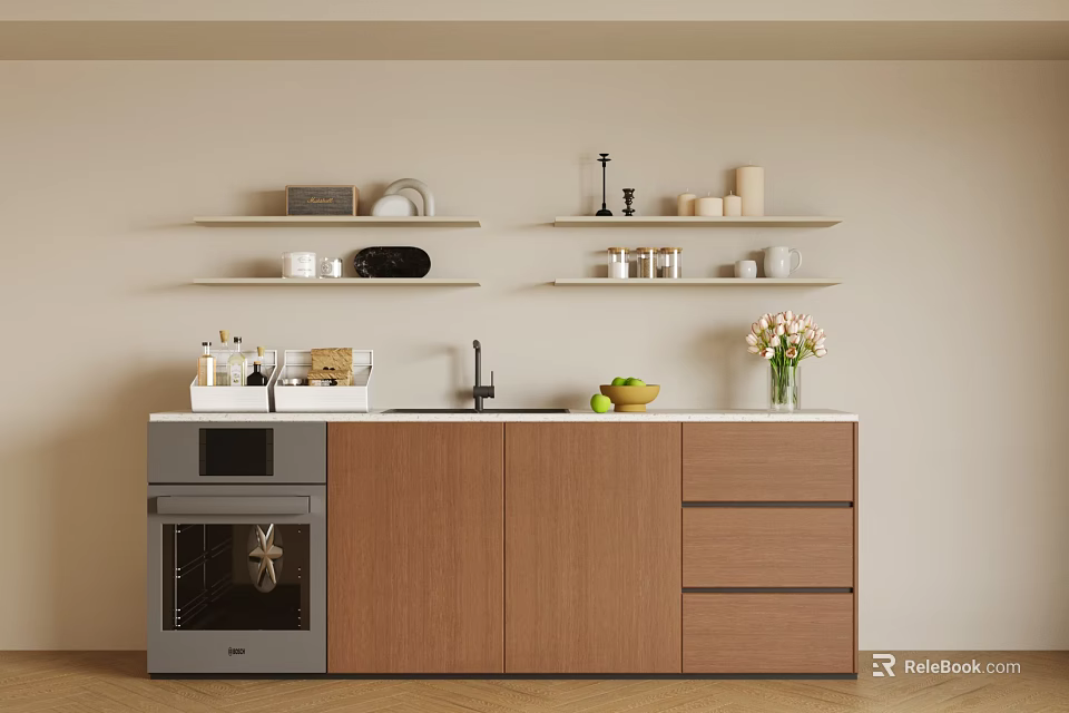 Modern Kitchen Interior With Brown Cabinets White Countertop Gray Oven Wall Shelves and Fruits 3d model 