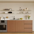 Modern Kitchen Interior With Brown Cabinets White Countertop Gray Oven Wall Shelves and Fruits