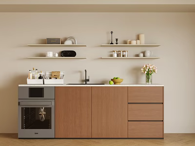 Modern Kitchen Interior With Brown Cabinets White Countertop Gray Oven Wall Shelves and Fruits 3d model