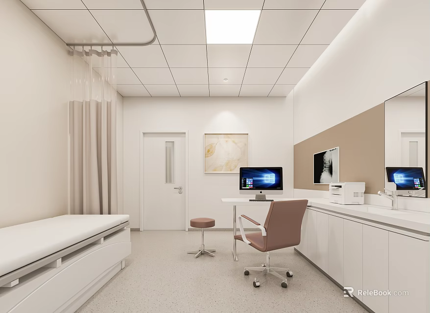 Clean Medical Examination Room Interior With White Cabinets Examination Bed Computer Desks And Pink Chair 3d model 
