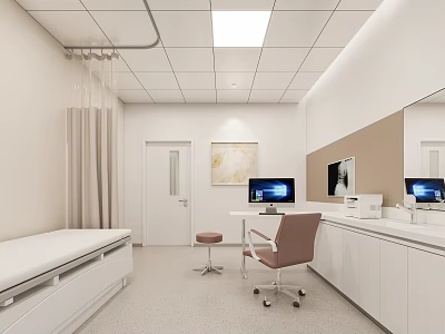 Clean Medical Examination Room Interior With White Cabinets Examination Bed Computer Desks And Pink Chair 3d model