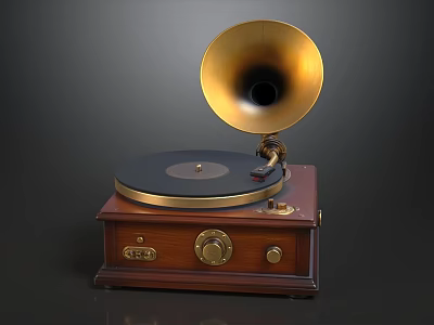 Vintage Wooden Gramophone With Polished Brass Horn And Classic Vinyl Record For Retro Home Decoration 3d model