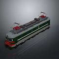 Electric Green and Gray Train Model with Red Pantographs on Top Displayed with Reflective Surface 3d model
