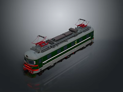 Electric Green and Gray Train Model with Red Pantographs on Top Displayed with Reflective Surface 3d model