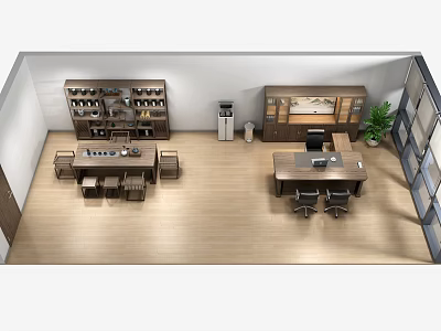 Elegant Office Interior With Wooden Desk Office Chairs Bookshelf And Green Plant 3d model