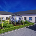 Rooftop Restaurant With Glass Dome Greenhouse Outdoor Seating And Lush Greenery Under Blue Sky