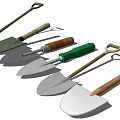 Essential Hardware Tools Featuring Various Garden Shovels With Wooden And Green Handles 3d model