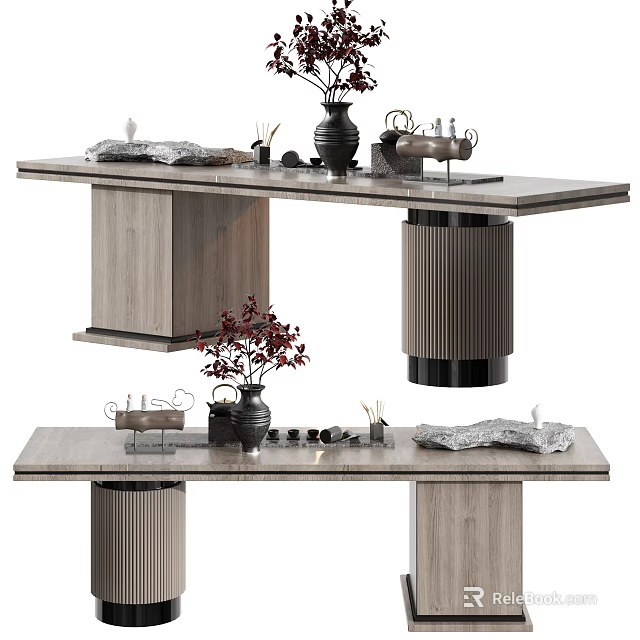 Modern Wooden Tea Table And Chairs With Ceramic Vase And Tea Sets 3d model 