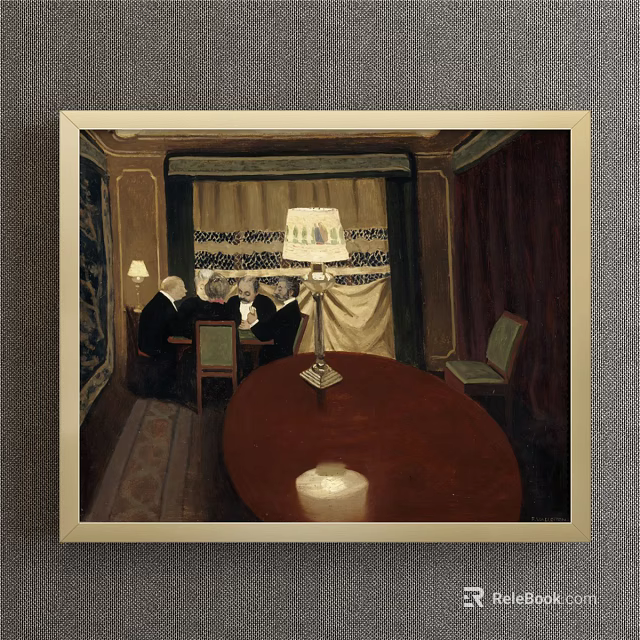 Vintage Interior Scene With People Sitting Around Wooden Table And Antique Lamp 3d model 