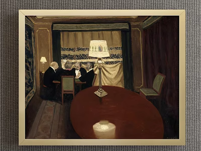 Vintage Interior Scene With People Sitting Around Wooden Table And Antique Lamp 3d model