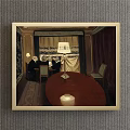 Vintage Interior Scene With People Sitting Around Wooden Table And Antique Lamp