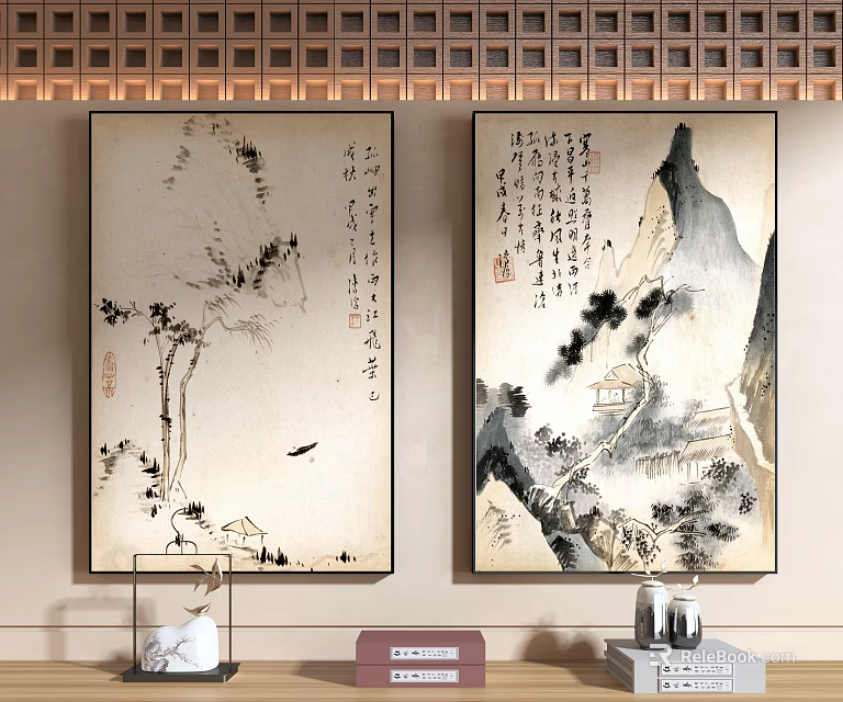 Traditional Chinese Landscape Paintings With Calligraphy For Interior Wall Decor 3d model 