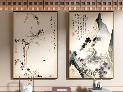 Traditional Chinese Landscape Paintings With Calligraphy For Interior Wall Decor 3d model