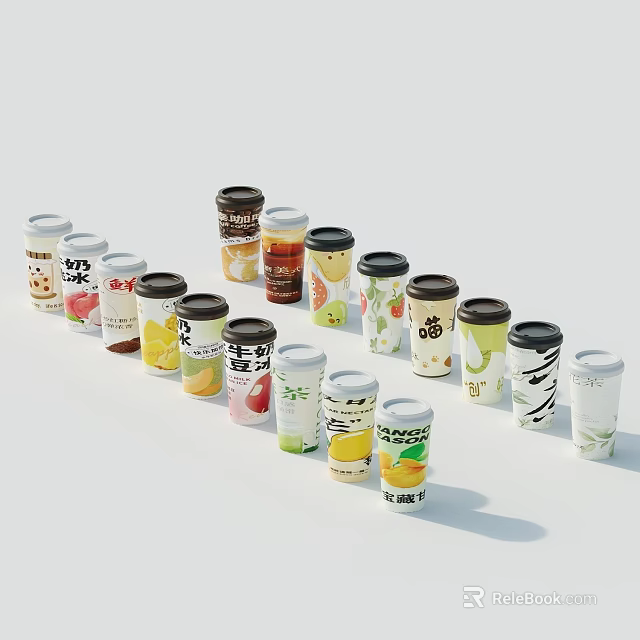 Assorted Beverage Cups With Various Flavors Different Designs And Colorful Packaging 3d model 