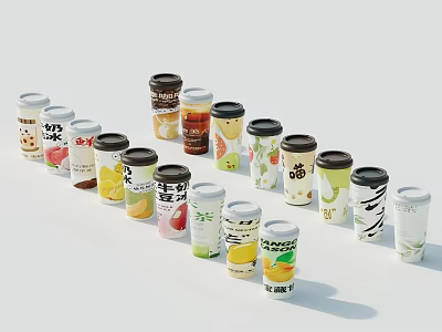 Assorted Beverage Cups With Various Flavors Different Designs And Colorful Packaging 3d model