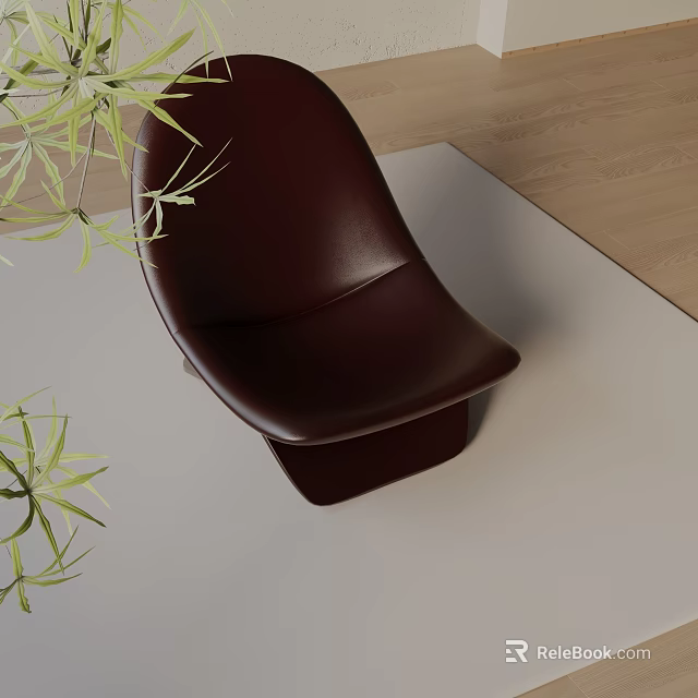 Dark Brown Leather Leisure Chair With Green Plants On Light Colored Rug And Wooden Floor 3d model 