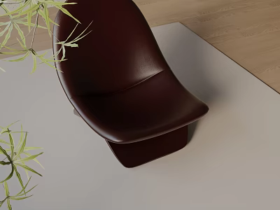 Dark Brown Leather Leisure Chair With Green Plants On Light Colored Rug And Wooden Floor 3d model