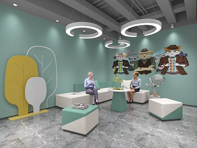 Cozy Lounge Area with Light Green Walls Circular Pendant Lights and Cartoon Animal Art 3d model