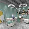 Cozy Lounge Area with Light Green Walls Circular Pendant Lights and Cartoon Animal Art