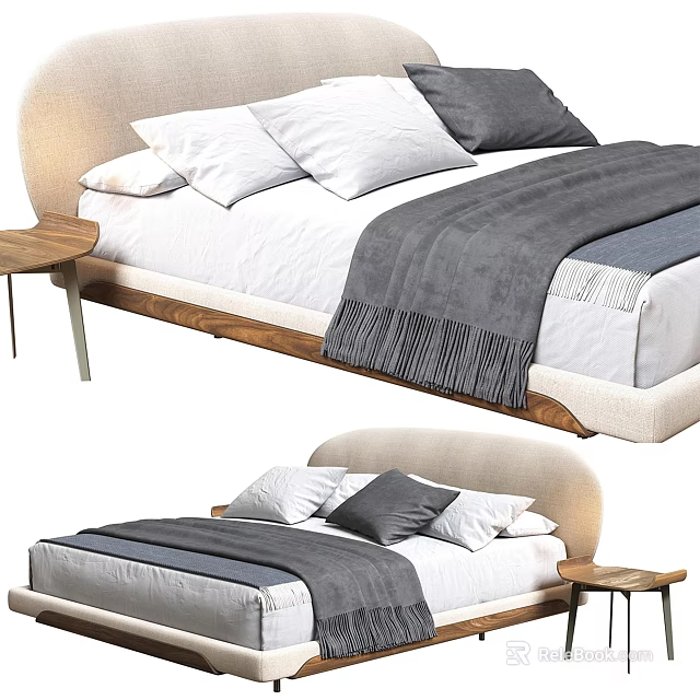Modern Double Bed With Curved Beige Headboard White Gray Bedding And Side Wooden Nightstand 3d model 