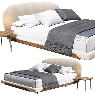 Modern Double Bed With Curved Beige Headboard White Gray Bedding And Side Wooden Nightstand 3d model