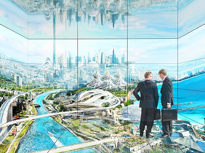 Modern Exhibition Hall Showcasing Futuristic City Model With Glass Walls And Visitors 3d model