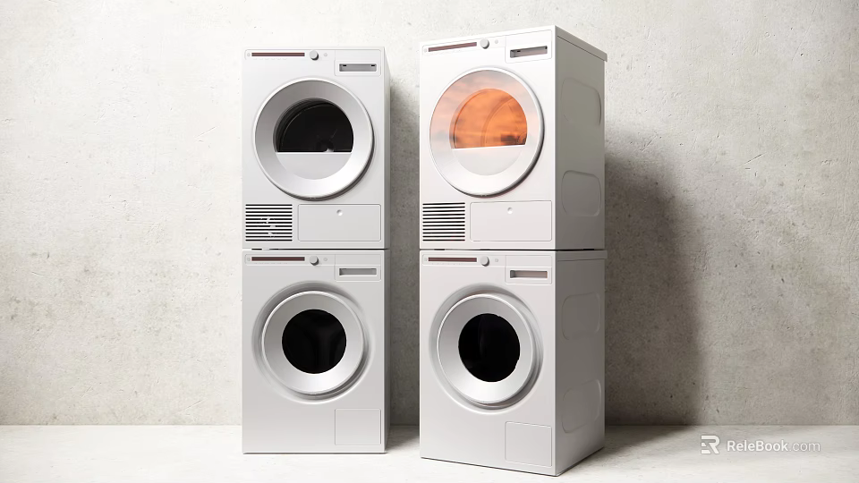 Stacked White Washing Machine and Dryer in Modern Home Interior Design 3d model 