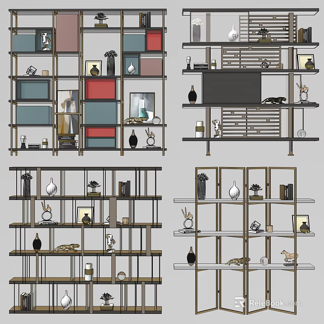 Modern Open Shelving Units With Multiple Layers And Decorative Items 3d model