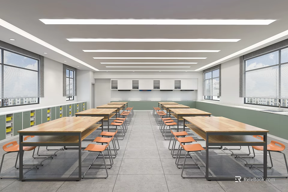 School Classroom Featuring Wooden Tables Orange Chairs Windows Storage Cabinets And Ceiling Lights 3d model 