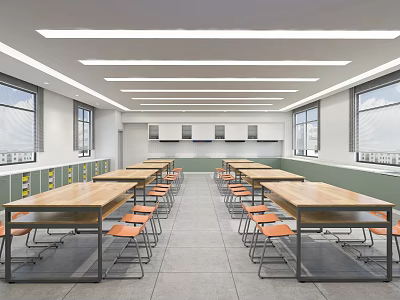 School Classroom Featuring Wooden Tables Orange Chairs Windows Storage Cabinets And Ceiling Lights 3d model