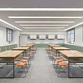 School Classroom Featuring Wooden Tables Orange Chairs Windows Storage Cabinets And Ceiling Lights