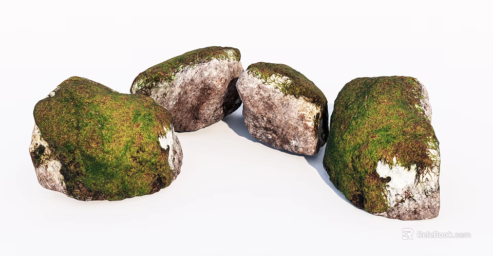 Natural Moss Covered Stones And Wood Elements For Garden Landscape Design 3d model 