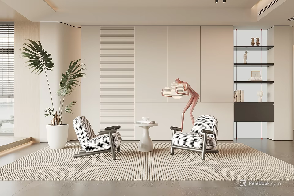 Upholstered Casual Sofa Set With Striped Rug Side Table And Green Plants In Modern Living Space 3d model 