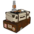 Stacked Suitcases White Top Brown Bottom with Kerosene Lamp Cookies Coffee Cup and Travel Stickers