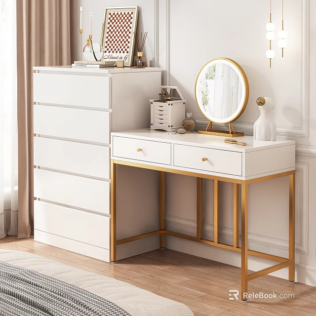 Modern Elegant White Dressing Table with Gold Frame Round Mirror Decorative Items and Multiple Drawers 3d model