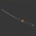 Traditional Katana Weapon With Blue Blade Red And Black Handle And Golden Tsuba