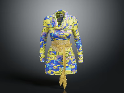 Vibrant Long Sleeve Yellow Blue Printed Coat With Waist Belt And Fringe Detail 3d model