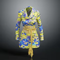 Vibrant Long Sleeve Yellow Blue Printed Coat With Waist Belt And Fringe Detail