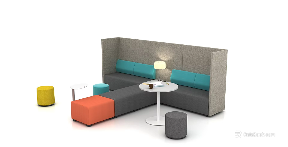 Gray Sofa With Blue Cushions And White Round Coffee Table Set With Ottoman Stools 3d model