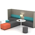 Gray Sofa With Blue Cushions And White Round Coffee Table Set With Ottoman Stools 3d model