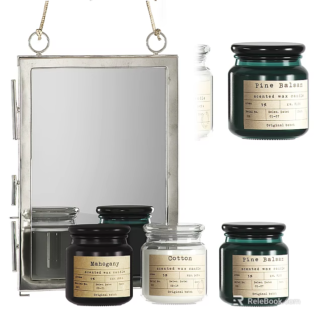 Decorative Home Essentials With Silver Framed Mirror And Scented Candle Jars 3d model 
