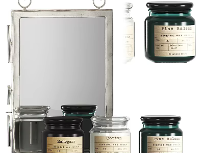 Decorative Home Essentials With Silver Framed Mirror And Scented Candle Jars 3d model