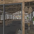 Hotel Lobby Interior With Wooden Ceiling Woven Pendant Lights Bookshelves Bar Counter And Sofas