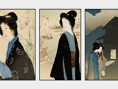 Traditional Japanese Female Portraits in Ukiyo e Art Style with Kimono and Scenic Backdrops 3d model