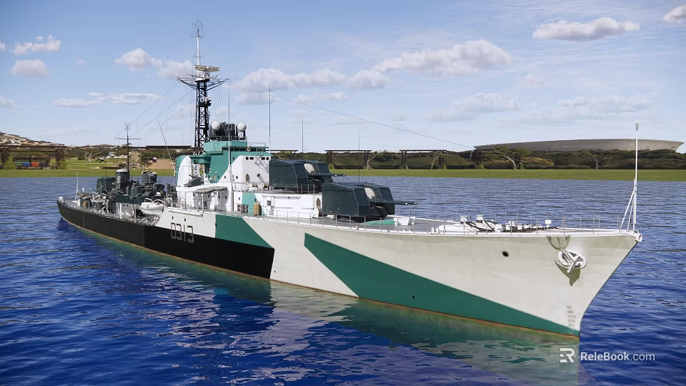 Green and White Warship on Blue Water with Masts and Distant Shore 3d model 