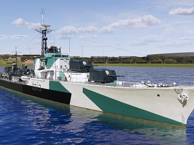 Green and White Warship on Blue Water with Masts and Distant Shore 3d model