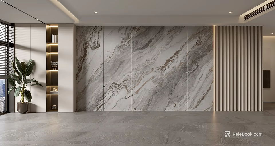 Elegant Modern Sofa Background Wall With Marble Texture Lighting Strips And Shelf Unit 3d model 